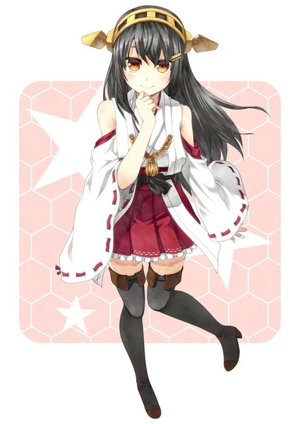 Anime picture 708x1000 with kantai collection haruna battleship kouji (campus life) single long hair tall image looking at viewer black hair smile brown eyes full body girl hair ornament detached sleeves thigh boots