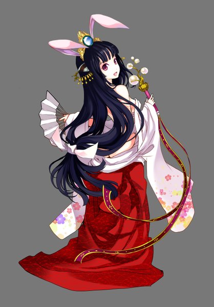 Anime picture 2067x2968 with million arthur (series) kaku-san-sei million arthur square enix chushengdao single tall image fringe highres breasts open mouth light erotic black hair simple background smile red eyes standing animal ears ass very long hair traditional clothes