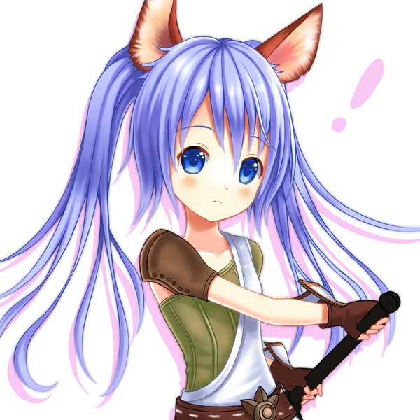 Anime picture 1024x1024 with tera online setona (artist) single long hair looking at viewer blush blue eyes white background animal ears blue hair flat chest girl weapon