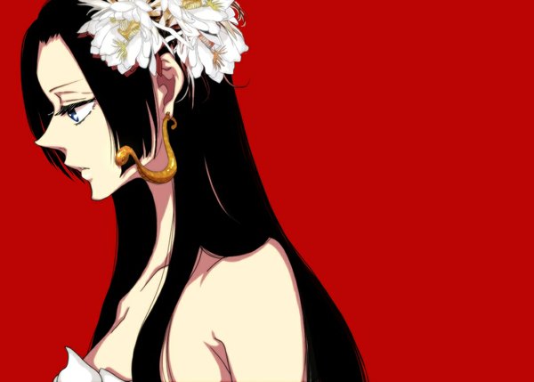 Anime picture 1074x768 with one piece toei animation boa hancock single long hair blue eyes black hair bare shoulders profile hair flower red background girl dress hair ornament flower (flowers) earrings wedding dress