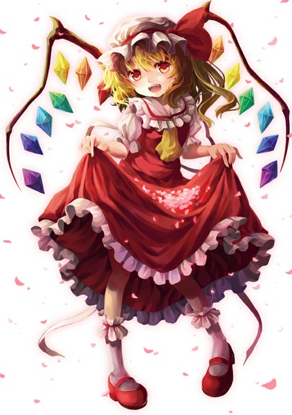 Anime picture 630x896 with touhou flandre scarlet niichi (komorebi-palette) single long hair tall image blush open mouth blonde hair simple background smile red eyes white background girl dress petals wings socks frills white socks