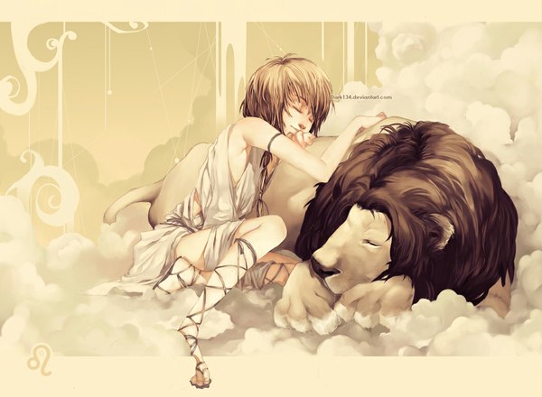 Anime picture 1050x770 with original dark134 long hair smile brown hair signed cloud (clouds) eyes closed reclining zodiac leo (zodiac) boy animal cape cross-laced footwear lion