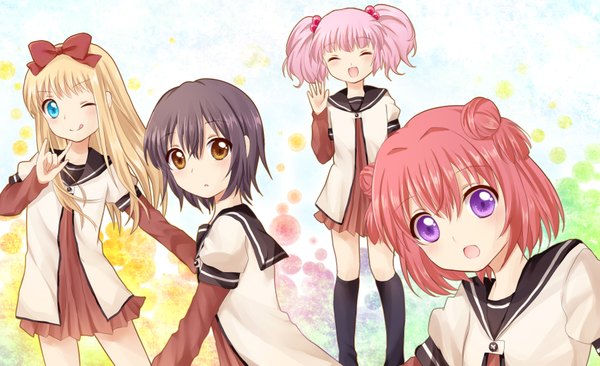 Anime picture 1800x1100 with yuru yuri doga kobo toshinou kyouko akaza akari yoshikawa chinatsu funami yui hinaka 8910 long hair blush highres short hair blue eyes black hair blonde hair wide image purple eyes multiple girls yellow eyes pink hair red hair