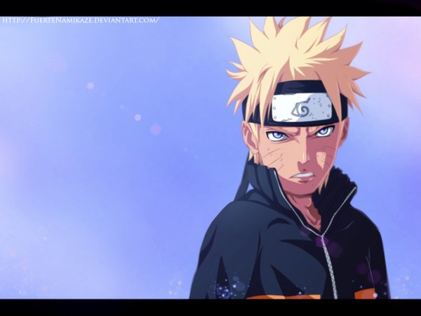 Anime picture 1214x912 with naruto studio pierrot naruto (series) uzumaki naruto fuertenamikaze single short hair blue eyes blonde hair sky sunlight coloring facial mark whisker markings angry jinchuriki boy vest bandana