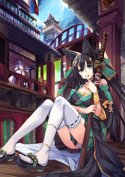 Anime picture 1254x1771 with original haik long hair tall image looking at viewer blush fringe light erotic black hair hair between eyes sitting multiple girls holding green eyes animal ears bent knee (knees) white hair tail traditional clothes animal tail