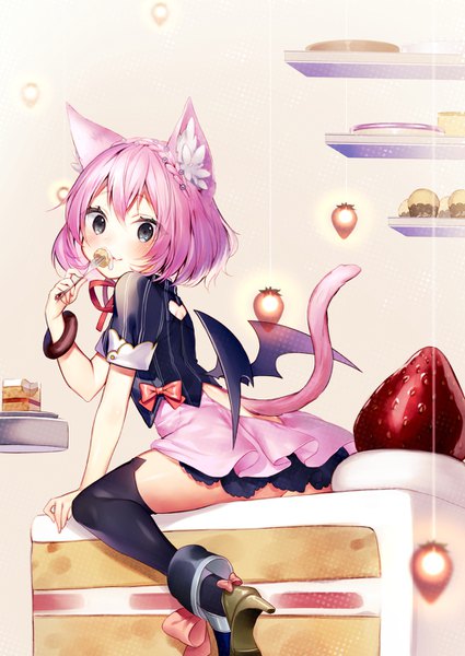 Anime picture 1000x1412 with original shirako sei single tall image blush fringe short hair light erotic simple background smile hair between eyes sitting animal ears pink hair tail braid (braids) parted lips animal tail from behind black eyes
