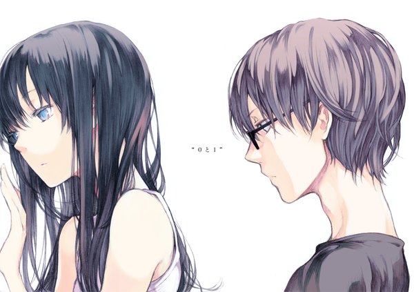 Anime picture 1474x1040 with original shouichi taguchi long hair fringe short hair blue eyes simple background white background bare shoulders blue hair purple hair profile couple girl boy glasses t-shirt tank top hand