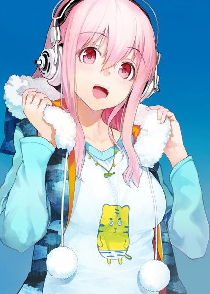 Anime picture 888x1243 with nitroplus super sonico shirabi single long hair tall image looking at viewer blush open mouth simple background pink hair pink eyes blue background adjusting hood girl headphones hood vest