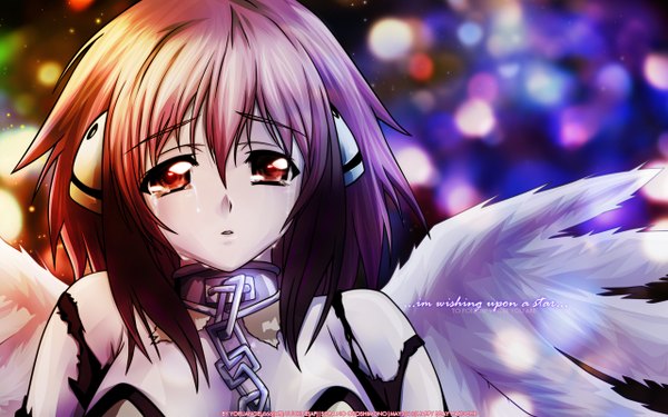 Anime picture 2560x1600 with sora no otoshimono ikaros highres red eyes wide image red hair tears girl wings chain collar