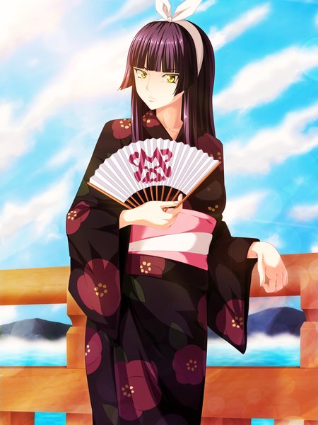 Anime picture 3600x4800 with fairy tail mikazuchi kagura salim202 single long hair tall image highres black hair yellow eyes absurdres sky cloud (clouds) traditional clothes japanese clothes sunlight coloring mountain river girl belt