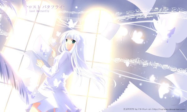 Anime picture 2000x1200 with original myhilary single long hair highres wide image green eyes white hair sunlight inscription girl dress window insect butterfly paper musical note