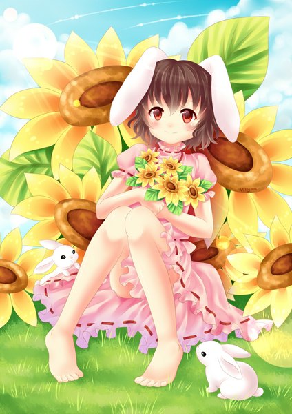 Anime picture 826x1169 with touhou inaba tewi villyane single tall image blush short hair smile brown hair animal ears sky cloud (clouds) sunlight orange eyes loli bunny ears legs girl dress flower (flowers)