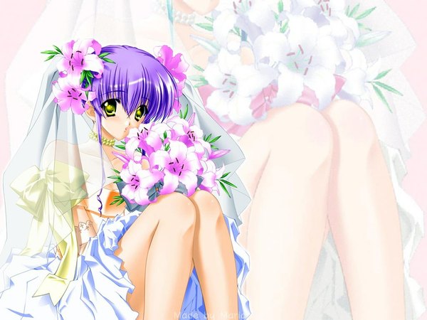 Anime picture 1024x768 with martian successor nadesico xebec hoshino ruri carnelian single long hair twintails yellow eyes blue hair hair flower zoom layer wedding girl dress hair ornament flower (flowers) bow white dress necklace bouquet