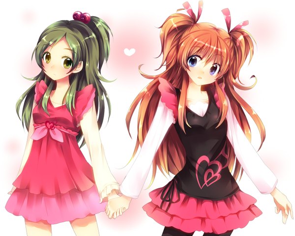 Anime picture 1500x1200 with precure suite precure toei animation houjou hibiki minamino kanade uzuki aki long hair blush blue eyes multiple girls green eyes green hair orange hair two side up holding hands heart print girl dress ribbon (ribbons) 2 girls