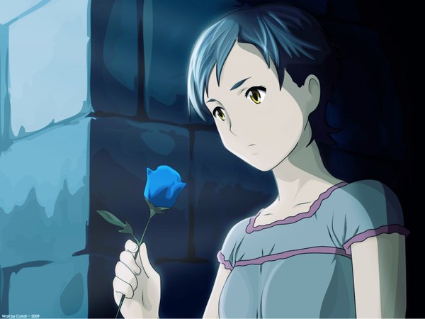 Anime picture 1600x1200 with blood+ production i.g otonashi saya single short hair black hair yellow eyes girl flower (flowers) blue rose