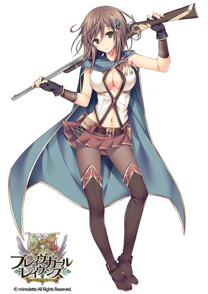 Anime picture 848x1200 with brave girl ravens adelaide matome (brave girl ravens) sorai shin'ya single tall image looking at viewer short hair breasts light erotic simple background brown hair large breasts standing white background holding brown eyes bent knee (knees) pleated skirt light smile official art