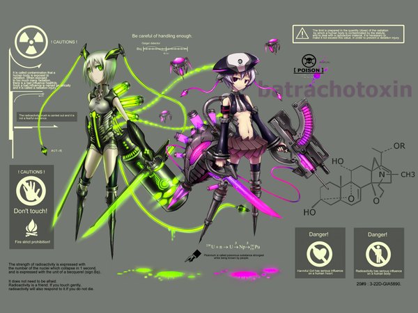 Anime picture 1600x1200 with original gia looking at viewer short hair multiple girls green eyes silver hair inscription grey background midriff glowing personification neon trim girl navel weapon 2 girls armor armband cyborg