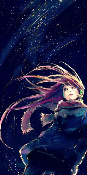 Anime picture 600x1200 with fisheye placebo robin soloviev yuumei single long hair tall image brown hair sky lips night from below winter hands in pockets meteor rain girl headphones scarf star (stars) winter clothes