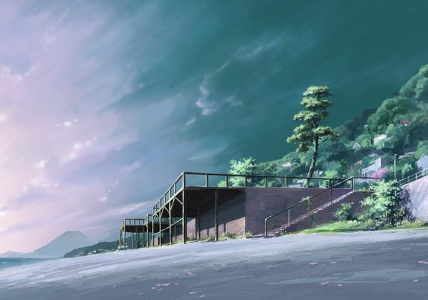 Anime picture 1400x980 with nerawareta gakuen sunrise (studio) sky cloud (clouds) official art beach horizon no people sand plant (plants) petals tree (trees) sea building (buildings)