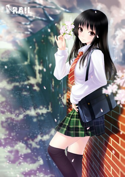 Anime picture 707x1000 with memories off kasumi nagumo rail (silverbow) single long hair tall image looking at viewer blush black hair profile black eyes zettai ryouiki cherry blossoms turning head plaid skirt plaid against wall girl thighhighs skirt