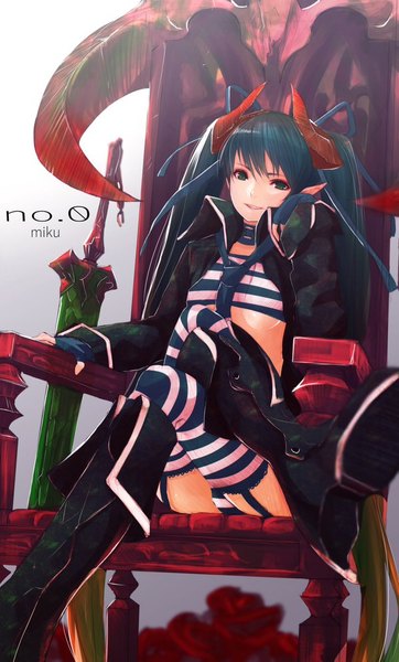 Anime picture 599x991 with original vocaloid hatsune miku savan single tall image fringe light erotic sitting twintails green eyes blue hair very long hair multicolored hair horn (horns) pointy ears grey background arm support pantyshot character names