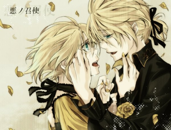 Anime picture 1189x902 with vocaloid kagamine rin kagamine len sakou mochi short hair open mouth blonde hair aqua eyes couple tears hieroglyph face to face girl boy flower (flowers) ribbon (ribbons) petals rose (roses)