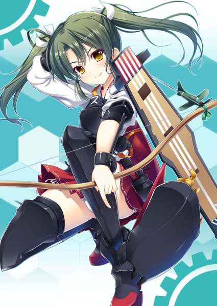 Anime picture 1003x1416 with kantai collection zuikaku aircraft carrier raiou single long hair tall image looking at viewer light erotic twintails yellow eyes green hair pantyshot pantyshot sitting girl bow weapon hair bow armor bow (weapon) arrow (arrows)
