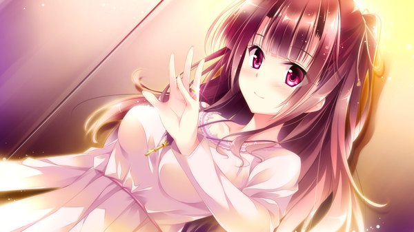 Anime picture 1920x1080 with golden marriage ensemble (studio) ichijouji touko single long hair blush fringe highres breasts wide image purple eyes game cg purple hair long sleeves light smile girl dress ring