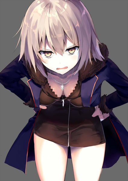 Anime picture 1000x1414 with fate (series) fate/grand order fate/apocrypha jeanne d'arc (fate) (all) jeanne d'arc alter (fate) kouyafu single tall image blush fringe short hair breasts open mouth light erotic simple background blonde hair hair between eyes large breasts standing yellow eyes