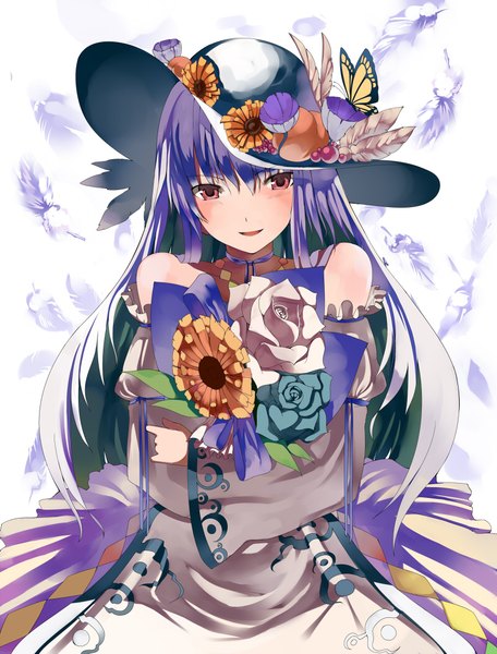 Anime picture 799x1051 with touhou hinanawi tenshi kureha (ironika) single long hair tall image looking at viewer fringe smile hair between eyes red eyes bare shoulders purple hair parted lips adapted costume girl flower (flowers) detached sleeves rose (roses) insect
