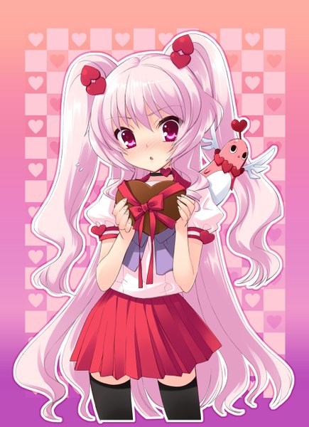 Anime picture 1000x1377 with alice parade lavinia (alice parade) emudori itou noiji single tall image blush pink hair very long hair pink eyes :o two side up valentine girl thighhighs skirt hair ornament black thighhighs miniskirt choker