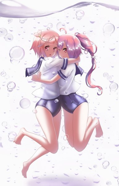 Anime picture 774x1205 with kantai collection i-58 submarine i-168 submarine yayoi1986 long hair tall image looking at viewer short hair open mouth multiple girls pink hair ahoge bent knee (knees) ponytail pink eyes barefoot hair flower bare legs no shoes hug