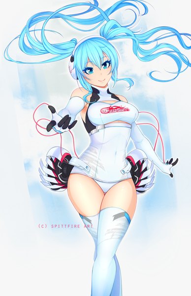 Anime picture 1000x1545 with vocaloid goodsmile racing hatsune miku racing miku racing miku (2014) ae long hair tall image fringe breasts blue eyes light erotic smile twintails blue hair outstretched arm girl thighhighs gloves white thighhighs