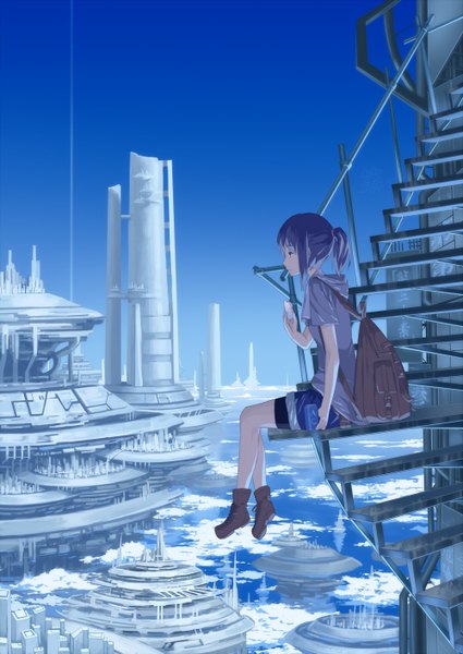 Anime picture 1000x1412 with original ac (eshi) single tall image short hair black hair sitting cloud (clouds) ponytail black eyes girl boots bag