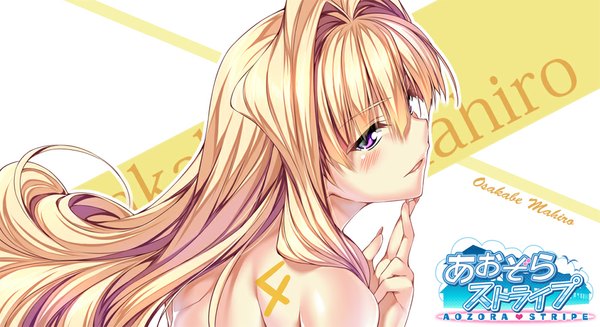 Anime picture 978x534 with aozora stripe osakabe mahiro piromizu single long hair looking at viewer blush fringe blonde hair wide image purple eyes bare shoulders parted lips looking back from above copyright name character names finger to mouth portrait girl