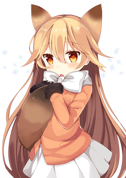 Anime picture 800x1131 with kemono friends ezo red fox (kemono friends) maki soutoki single long hair tall image looking at viewer blush fringe open mouth simple background blonde hair hair between eyes white background holding brown eyes animal ears upper body tail animal tail