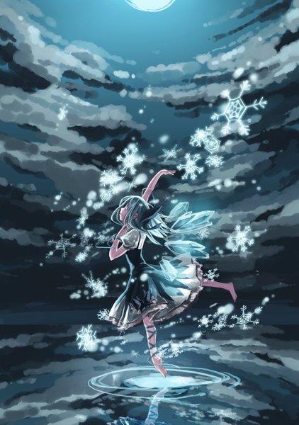 Anime picture 2079x2953 with touhou cirno creap single long hair tall image highres sky cloud (clouds) profile barefoot aqua eyes aqua hair night bare legs snow girl dress bow ribbon (ribbons)