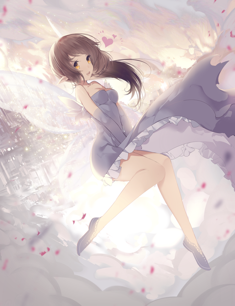 Anime picture 1196x1556 with original ajahweea single long hair tall image looking at viewer fringe breasts brown hair bare shoulders yellow eyes cleavage cloud (clouds) bent knee (knees) wind pointy ears sunlight bare legs flying fantasy