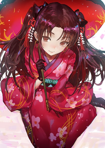 Anime picture 848x1200 with fate (series) fate/grand order fate/stay night toosaka rin canking single long hair tall image blush smile brown hair sitting twintails holding brown eyes traditional clothes japanese clothes from above wide sleeves floral print