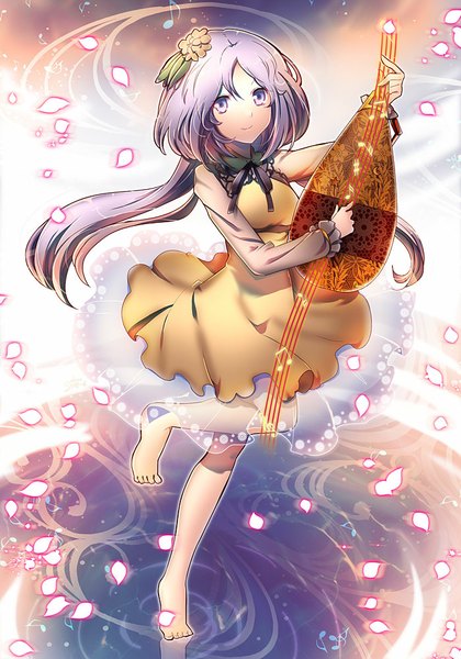 Anime picture 700x1000 with touhou tsukumo benben suou sakura single long hair tall image smile purple eyes purple hair barefoot from above girl dress hair ornament petals lute (instrument)