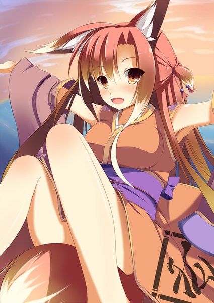 Anime picture 1200x1694 with original karakura0 single long hair tall image blush breasts open mouth smile large breasts brown eyes animal ears japanese clothes animal tail multicolored hair armpit (armpits) legs fox girl girl dress