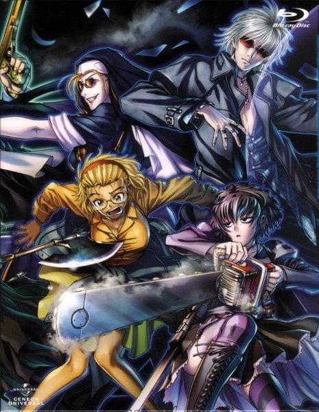 Anime picture 6000x7731 with black lagoon madhouse eda (black lagoon) frederica sawyer janet bhai rotton the wizard hiroe rei tall image highres short hair open mouth simple background smile brown hair yellow eyes looking away absurdres silver hair scan official art