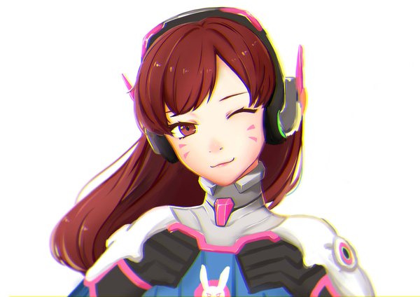 Anime picture 3507x2480 with overwatch blizzard entertainment d.va (overwatch) tofu52 single long hair looking at viewer fringe highres simple background smile brown hair white background brown eyes absurdres upper body head tilt one eye closed lips wink