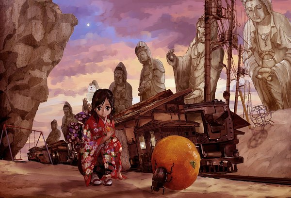 Anime picture 1100x748 with original kato fumitaka single short hair brown hair sitting holding brown eyes sky cloud (clouds) traditional clothes japanese clothes shadow floral print squat rock girl socks kimono insect