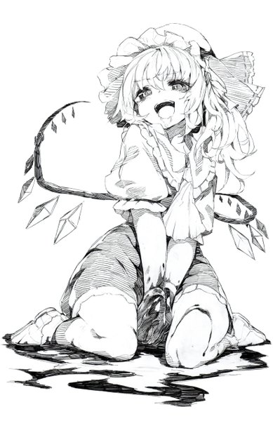 Anime picture 1654x2549 with touhou flandre scarlet oshake single tall image short hair open mouth simple background white background sitting ponytail side ponytail monochrome sketch girl dress ribbon (ribbons) wings blood bonnet