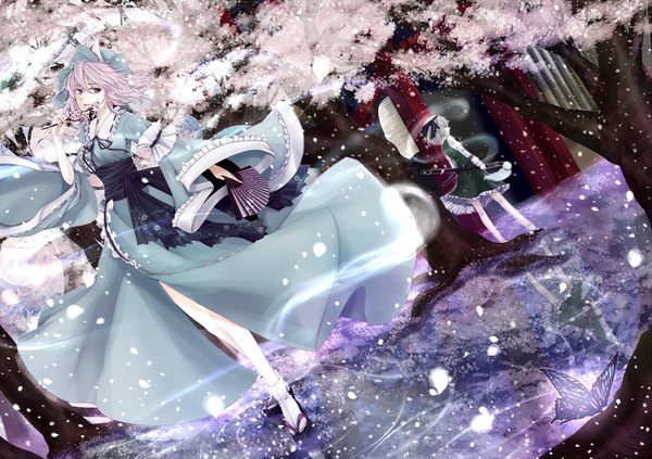 Anime picture 2045x1445 with touhou konpaku youmu saigyouji yuyuko yume koucha highres short hair blue eyes red eyes multiple girls pink hair white hair japanese clothes cherry blossoms ghost girl dress weapon 2 girls plant (plants) petals