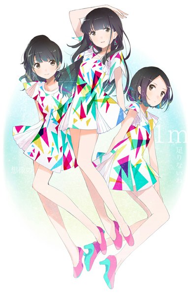 Anime picture 637x1000 with perfume (group) ayano omoto (nocchi) yuka kashino (kashiyuka) ayaka ishiwaki (a-chan) fly (marguerite) long hair tall image looking at viewer blush short hair black hair multiple girls brown eyes ponytail inscription girl dress earrings 3 girls