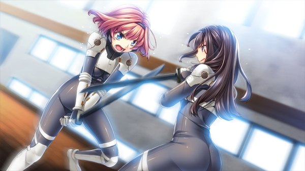 Anime picture 1280x720 with gun knight girl kazamatsuri shino munakata mashiro sumeragi kohaku long hair short hair blue eyes black hair wide image multiple girls brown eyes pink hair game cg battle girl weapon 2 girls sword bodysuit