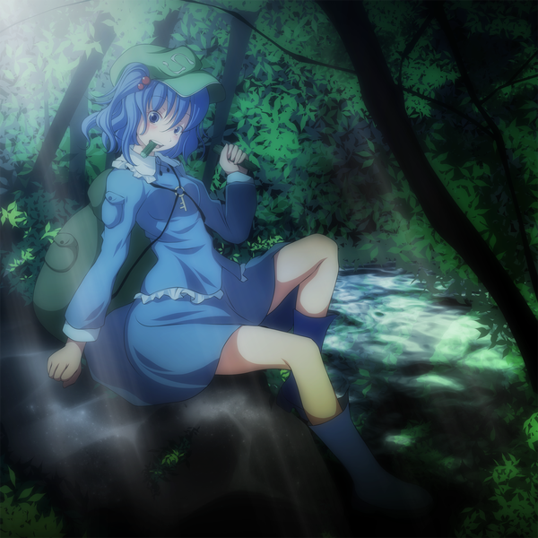 Anime picture 1500x1500 with touhou kawashiro nitori s-syogo single blush short hair blue eyes sitting blue hair mouth hold girl dress skirt hair ornament plant (plants) tree (trees) water boots leaf (leaves) bag