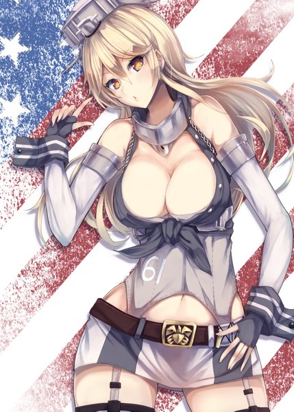 Anime picture 1110x1553 with kantai collection iowa (kantai collection) konkito single long hair tall image breasts light erotic blonde hair brown eyes cleavage girl skirt gloves detached sleeves miniskirt fingerless gloves flag american flag